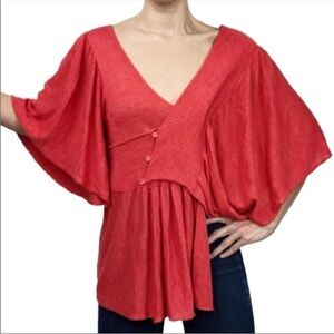 Anthropologie Coral Red Orange Moth Taupo Asymetrical Ruffle wrap sweater Sz M/L
